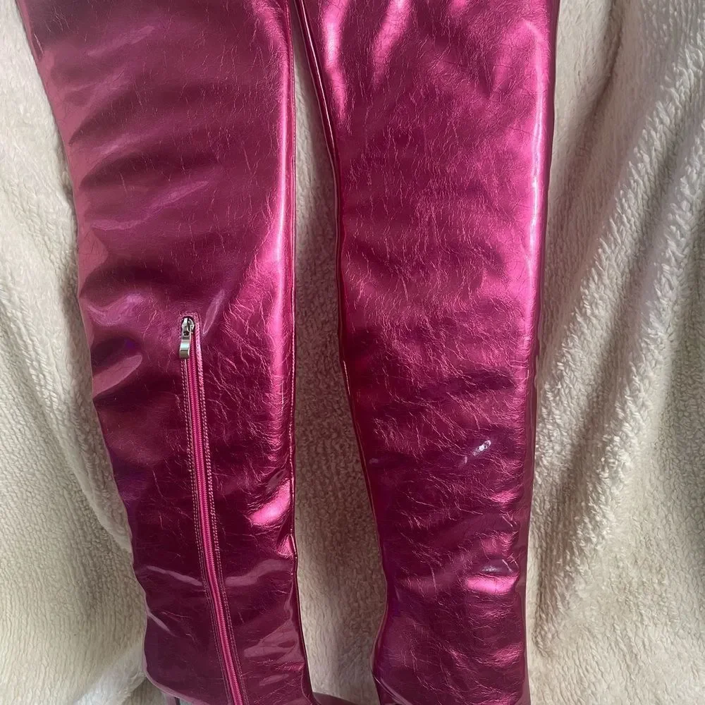 Azalea Wang synthetic Patent metallic Pink/Fuchsia thigh high heel boots SZ 7